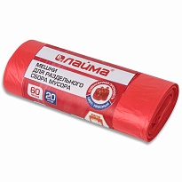 Мешки для мусора 60 л, красный, в рулоне 20 шт., ПНД, 10 мкм, 680х580 мм, LAIMA, 606702 в Кургане