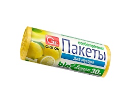Мешки для мусора 30 л, ароматизированные, Лимон, желтые, в рулоне 20 шт., ПНД, 9 мкм, 560х530 мм, GRIFON Aroma, 101-020 Li в Кургане